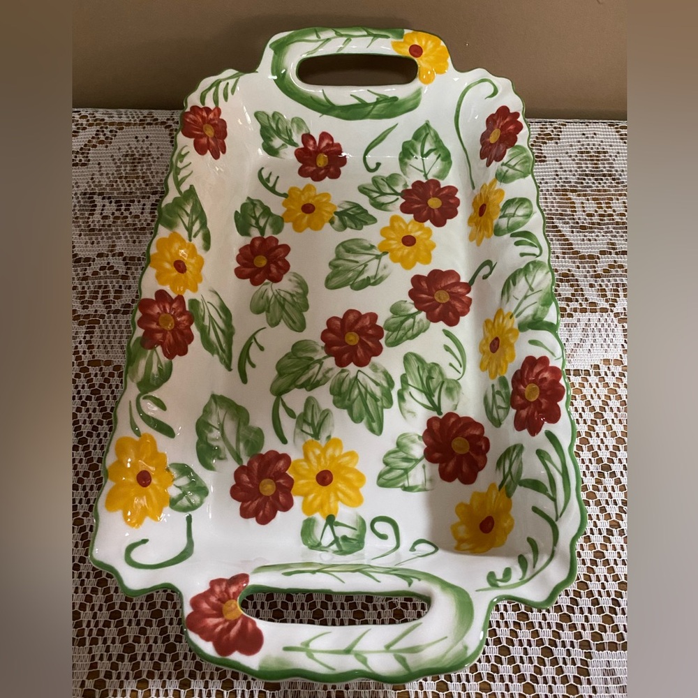 Temptations by Tara. Floral embroidery. 16 x 9 x 3”Presentable tableware.